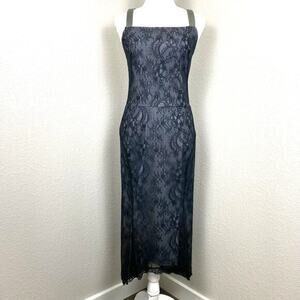 Vtg Y2K Dress 6 Black Lace Square Cutout Back Made in USA Whimsigoth Dark Fairy